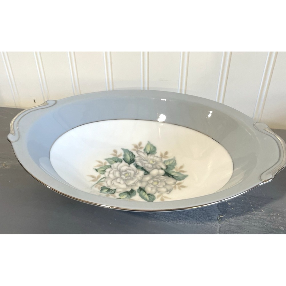 Harmony House Sheraton 3250 10.5" Oval Vegetable Bowl Gray Band White‎ Flowers